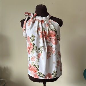 White and Orange Sleeveless Blouse with Tie Front